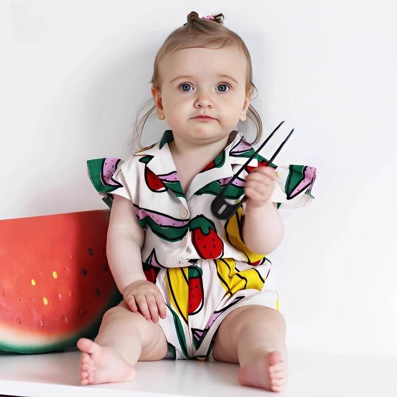 Baby Girl Clothes One Pieces Short Sleeved Romper Summer Jumpsuits Fruit Print Outfits Lapel Neck Infant Clothes Baby Stuff