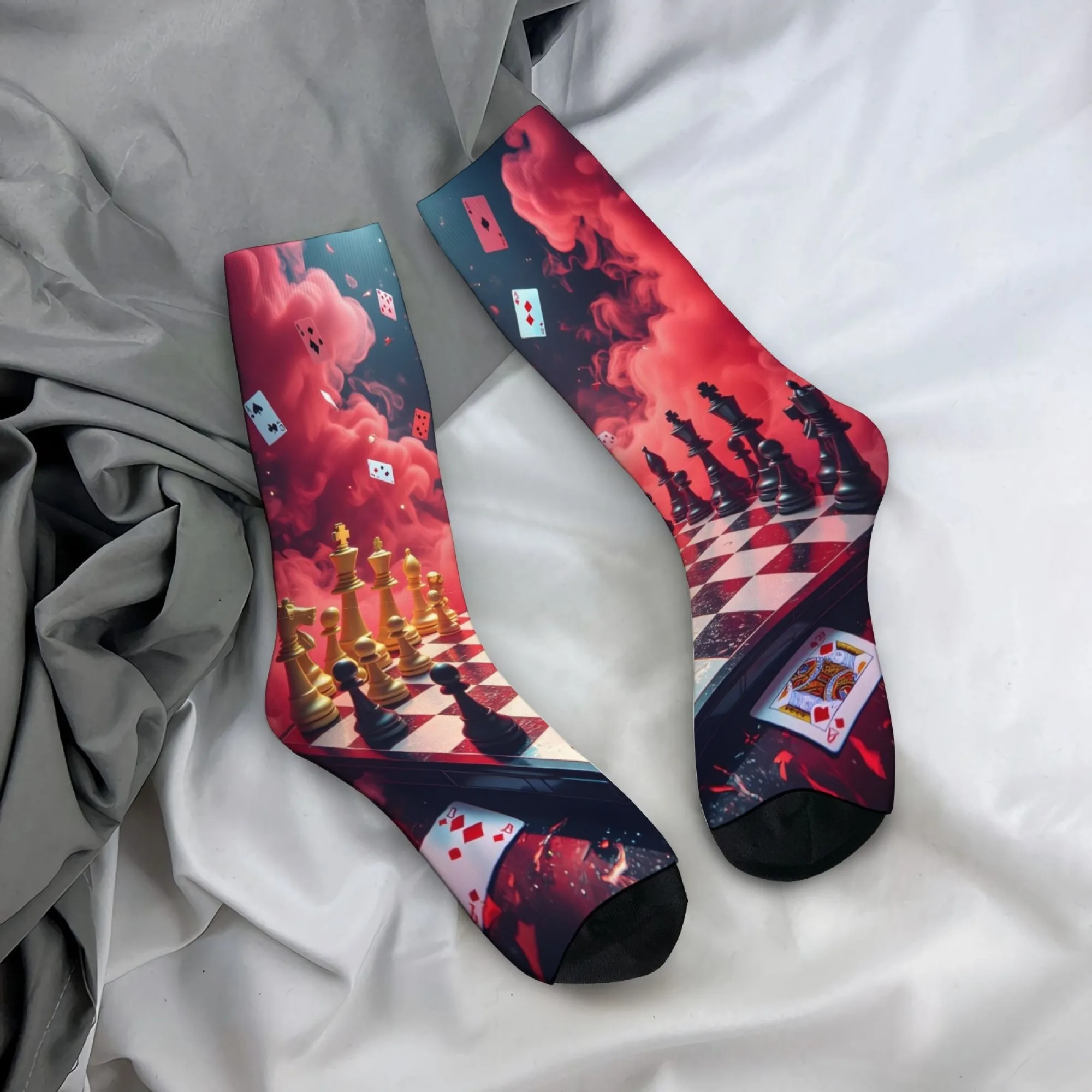 Novelty chessboard and playing card print men's socks, comfortable, breathable, non-slip, casual socks, perfect as a party gift.