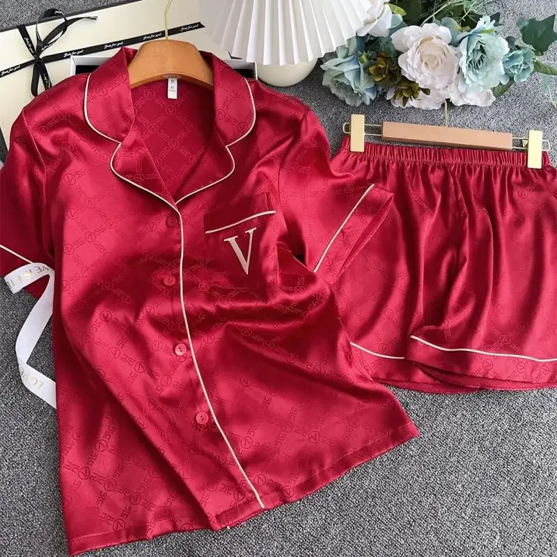

Red Bride Groom Pajamas Suit Women Men Satin Sleepwear 3Pcs Loungewear Short Sleeve Top Pants Homewear Autumn New Nightwear