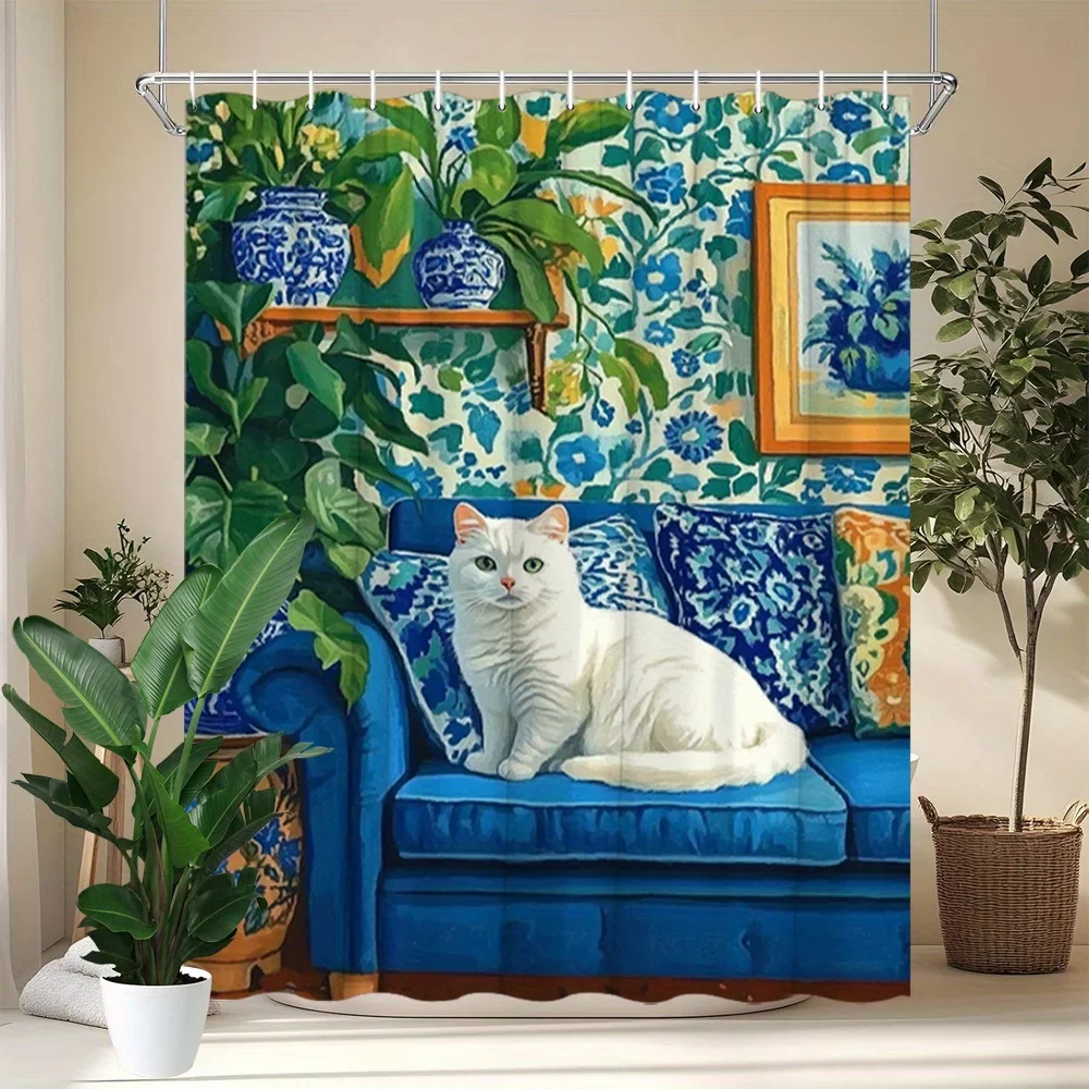 

1 шт., белый кот на синем бархате, занавеска для душа на диване - сине-зеленые цветочные обои, китайский художественный дизайн, полиэстер для ванной комнаты D