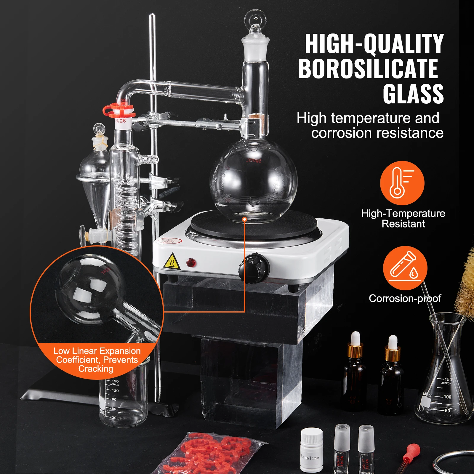 VEVOR Essential Oil Distillation Kit 500ml/2L Distillation Apparatus 3.3 Boro Lab Glassware Distillation Kit with 1KW Heat Plate