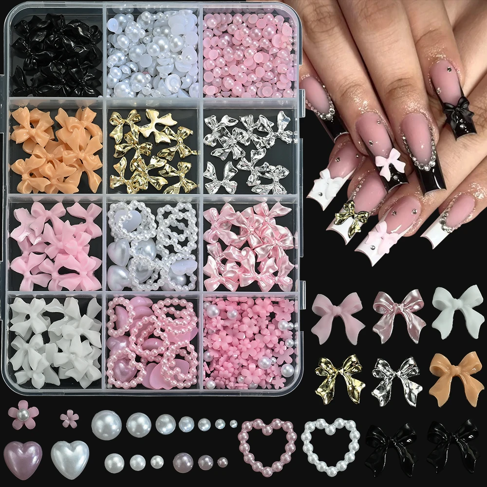 

12 Grids 3D Pink White Bow Pearl Heart Nail Charms Mixed Resin Flatback Alloy Bow tie Nail Art Decorations DIY Nail Accessaries