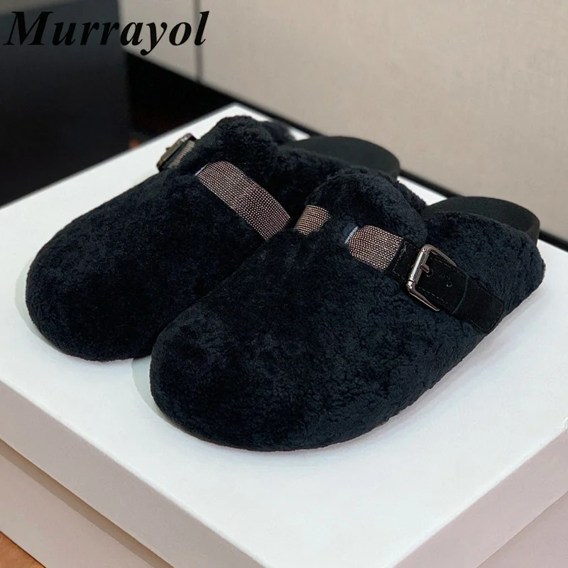 String Bead Decor Belt Buckle Design Slippers Women's Closed Toe Fur Solid Color Thick Bottom Mules Spring Outdoor Warm Shoes