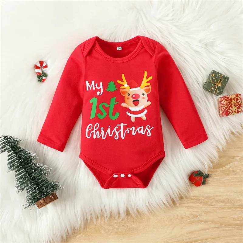 

Adorable Christmas Toddler Girls Outfit Set with Reindeer Print Romper Suspender Skirt and Matching Headband - Festive