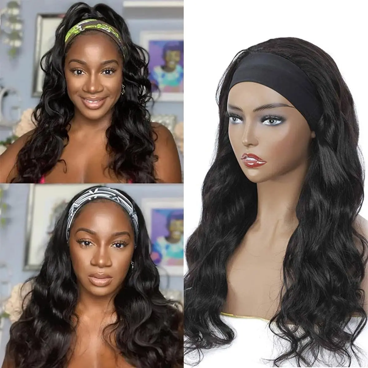 Perruque Body Wave Brésilienne Naturelle, Cheveux Humains, Sans Colle, Densité 180%