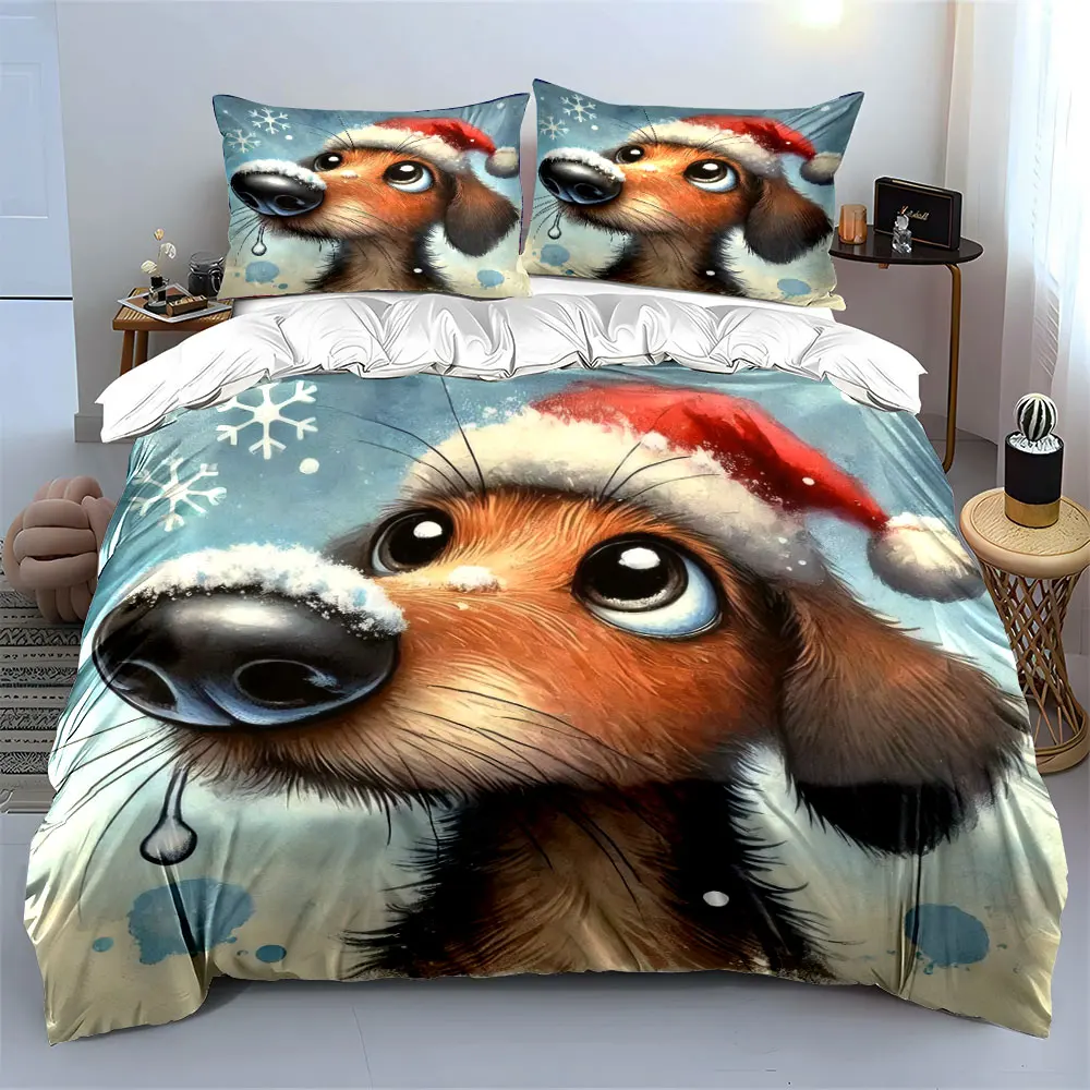 Adorable dog in Santa hat with snow on nose Print Duvet Cover Bedding Set Included 1*Duvet Cover 2*Pillowcases