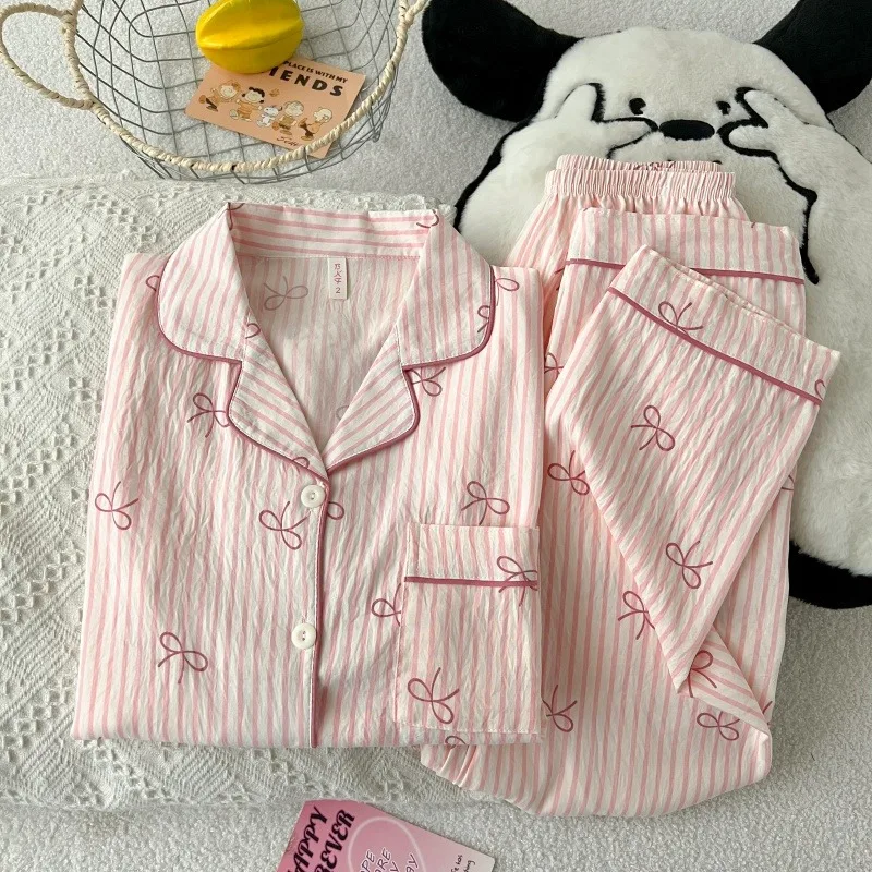 Pink Strip Bow Dtie Design Women's Pajamas Short Sleeve Top & Elastic Waist Pants Pajamas Set Harajuku Style Casual New HomeWear 3
