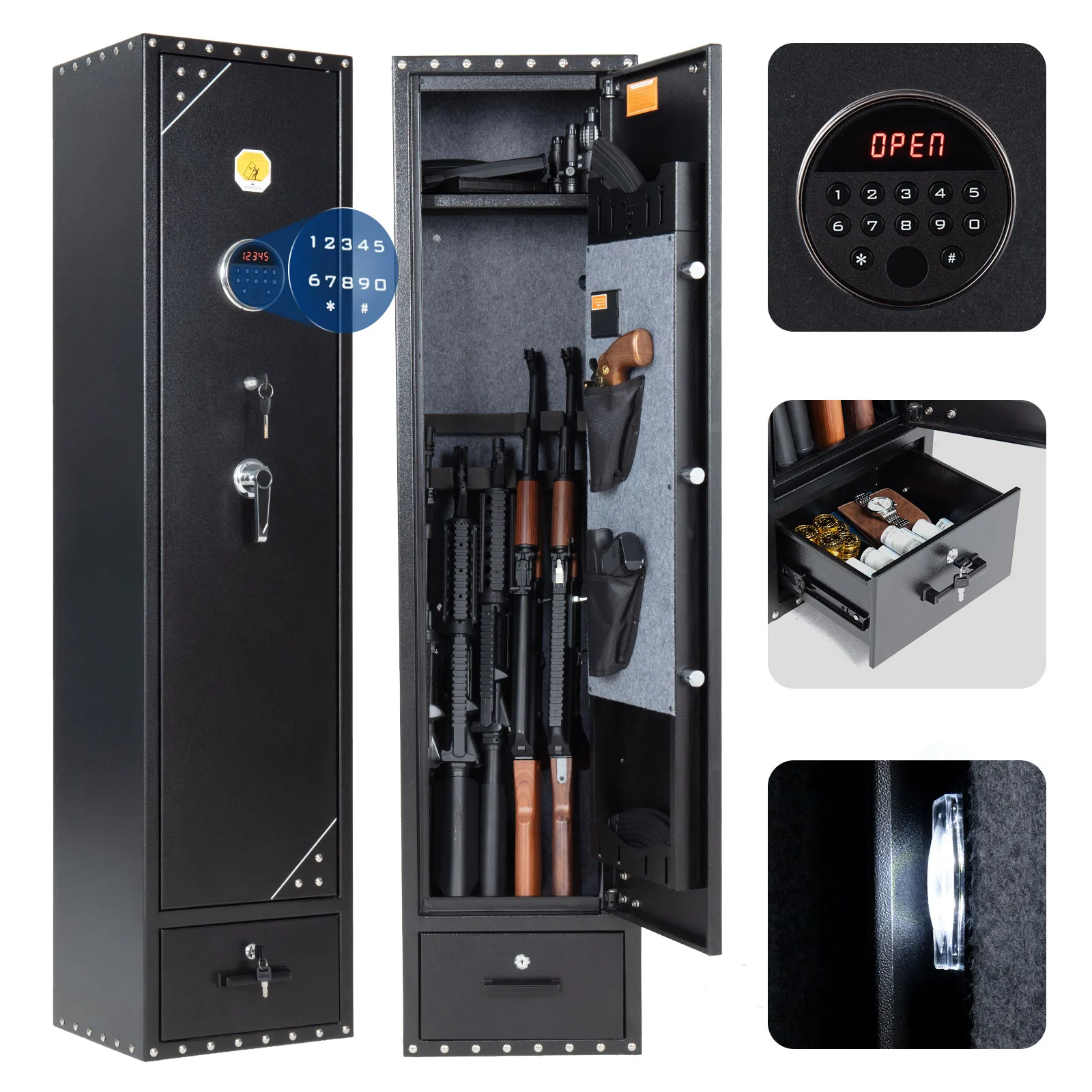 6 Rifles Gun Safe Rifle Safe W/ Fingerprint and Digital Keypad Lock Removable Gun Storage Cabinet W/ Built-in Storage Locker