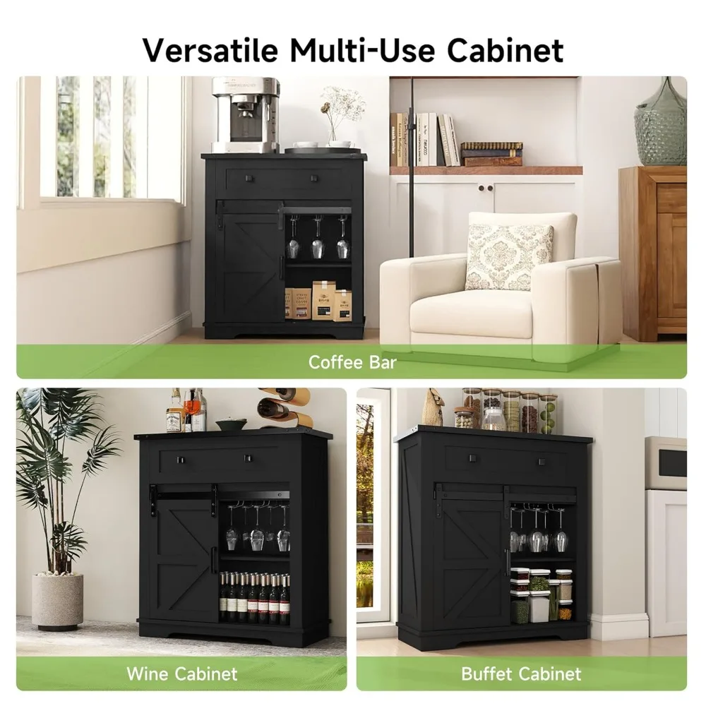 Coffee Bar Cabinet, Farmhouse Sideboard Buffet Cabinets with Storage, Wine Glass Rack, Sliding Barn Door, Customized