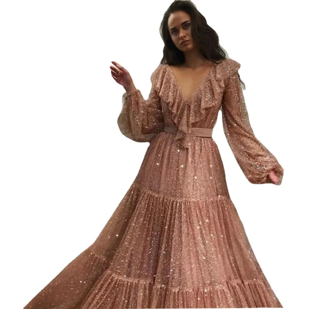 

2025 Summer Women's Sexy V-Neck Sequin Big Display Evening Long Dress