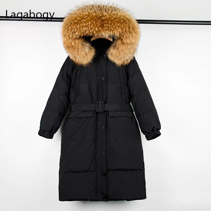 

Women Natural 2023 Large New Fur Winter Hooded Long Parka 90% White Duck Down Coat Female Loose Warm Puffer Jacket Belt