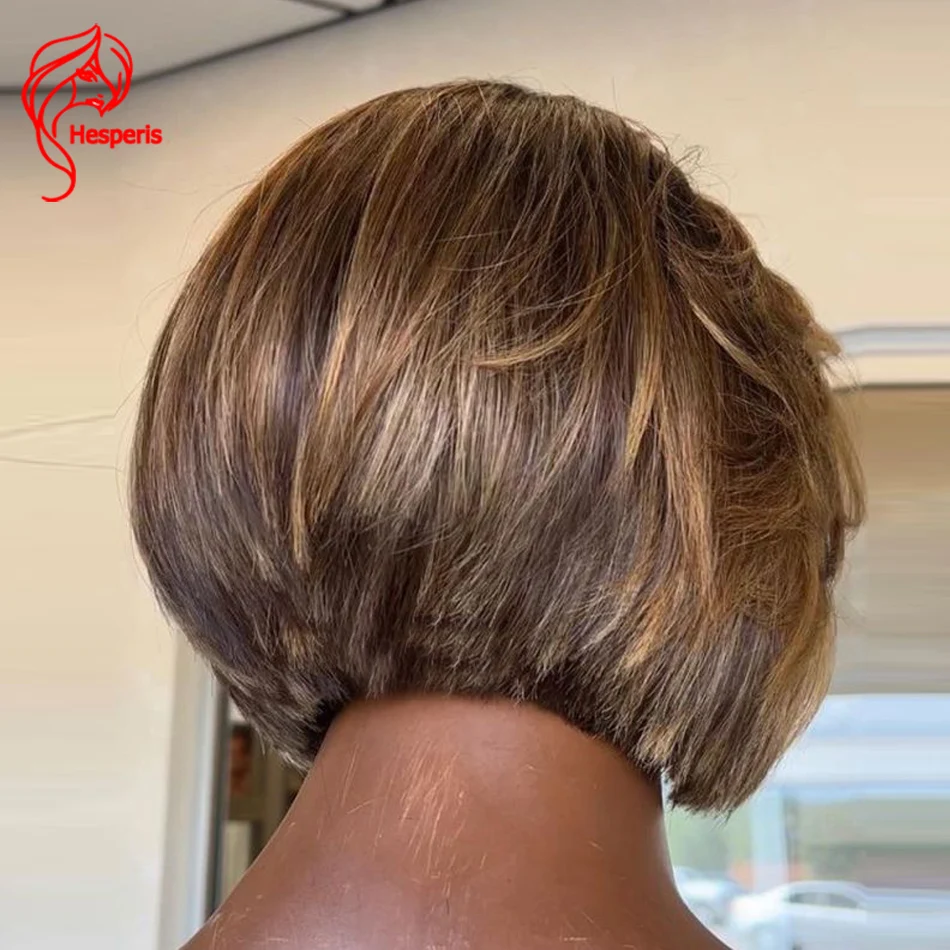 Hesperis Blonde Highlight Human Hair Wigs Side Part Pixie Cut Brazilian Remy13x6 Short Bob Lace Front Wig PrePlucked Wear And Go