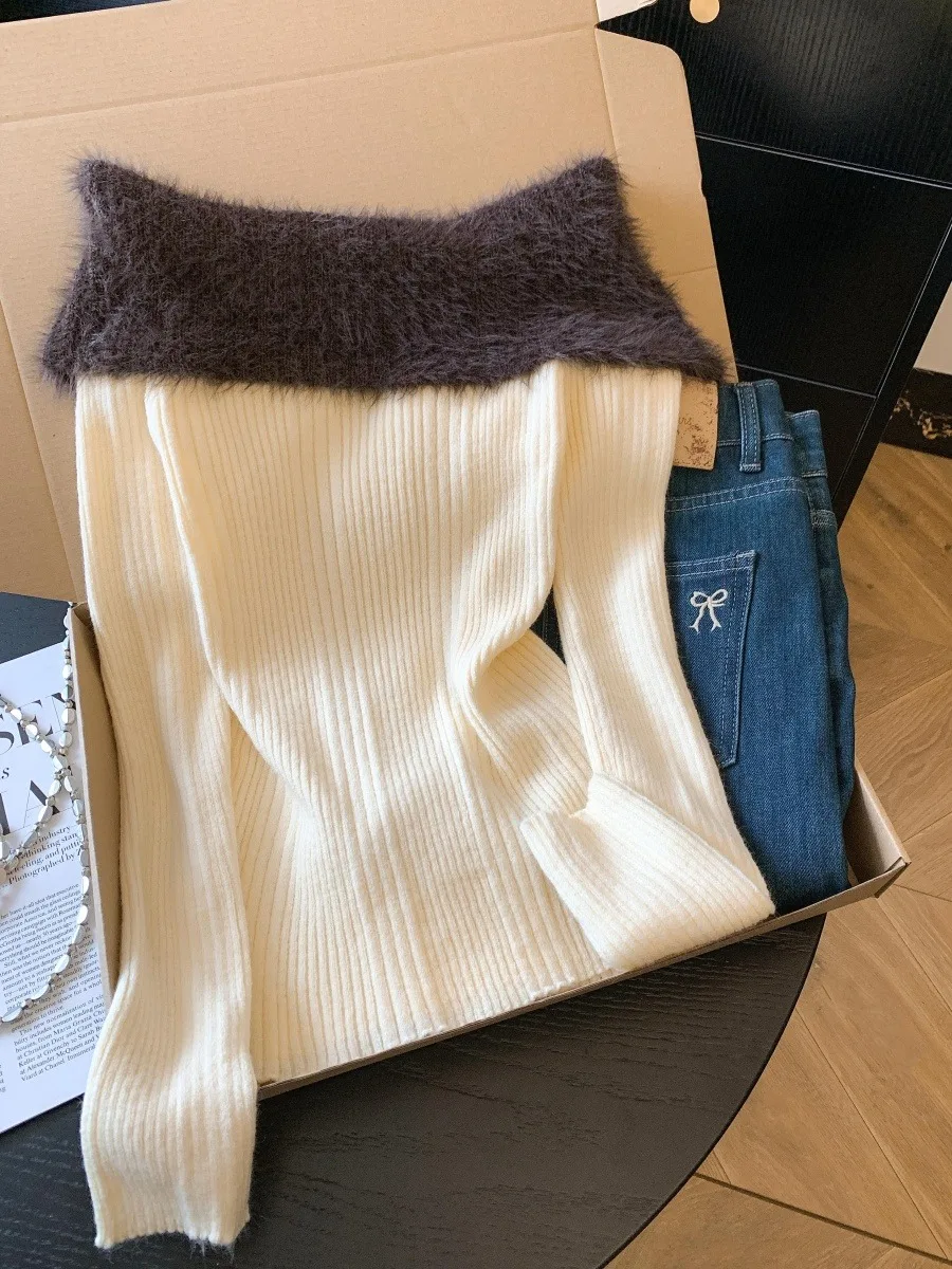 Langer Sve-Strickpullover für Mädchen, weiches, pelziges Oulder-Unterhemd mit Bared-Innenbekleidung, verdickte Winterfarbe, lässiges Sli-Strickoberteil