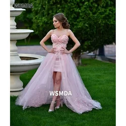 High/Low Tulle Long Detachable Train Split Prom Dress 3D Flowers Sweetheart Sleeveless Sweet Formal Dress Women Elegant