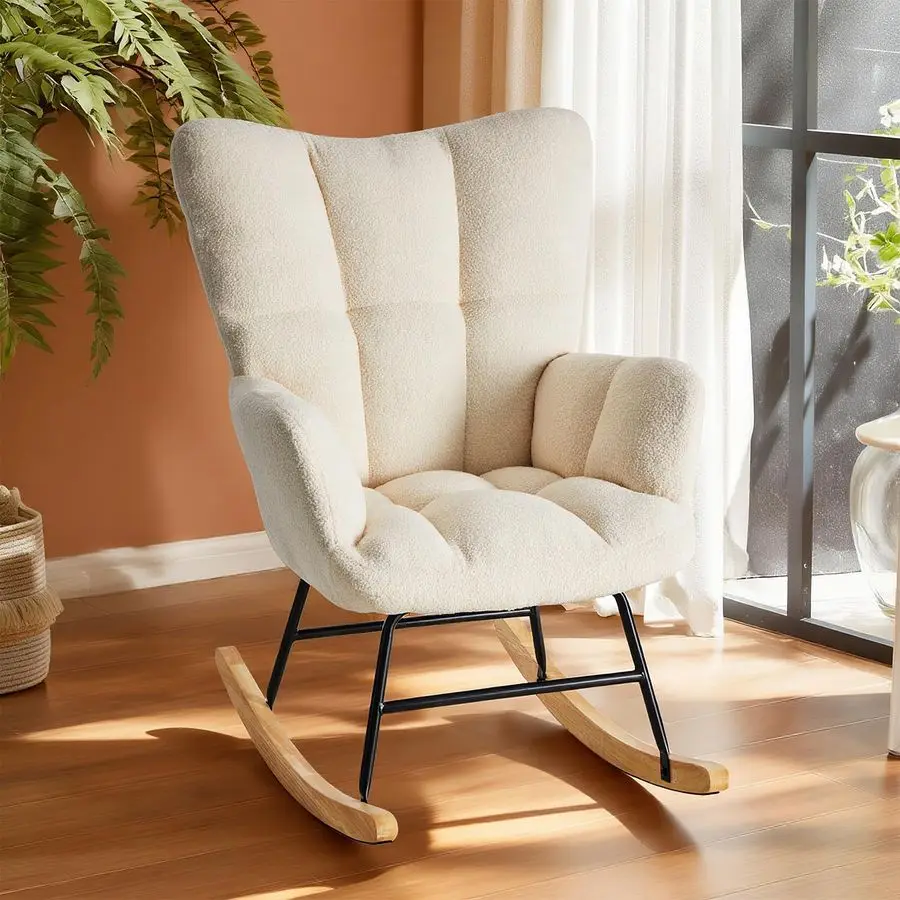 

Rocking Chair with High Backrest, Teddy Upholstered Indoor Reading Glider Chair with Comfy Seat for Bedroom, Living Room, Offic