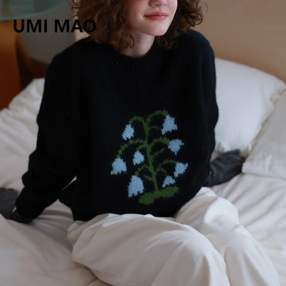 

UMI MAO укороченный топ с длинными рукавами, женский бархатный жаккардовый двухцветный вязаный свитер из мериносовой шерсти и енота лилии Femme