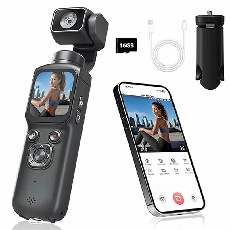 Digital Camera  Touch Screen 64MP Pocket Action Camera 330° Face Tracking Gimbal Stabilizer 4K  1.72 Inch WiFi Sports Cam