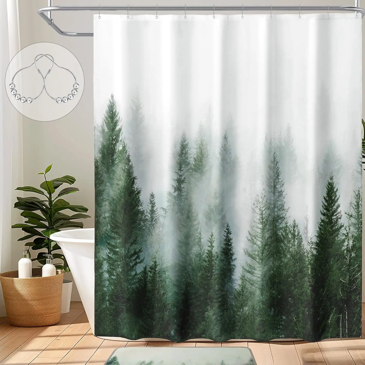 

Green Shower Curtain for Bathroom Misty Forest Pattern, Nature Woodland Artistic Shower Curtain Set with Metal Hooks, Waterproof