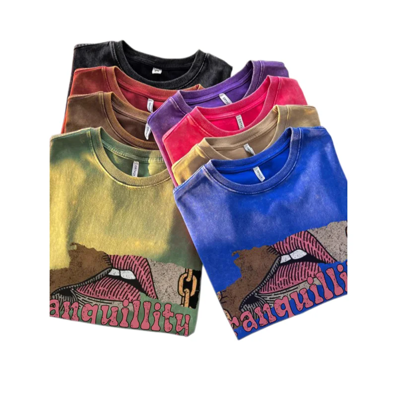 

Men's 2026 Summer Vintage Washed T Shirt Heavyweight Overs ized Graphic Print Hip Hop Short Sleeve Tees For Big Sizes