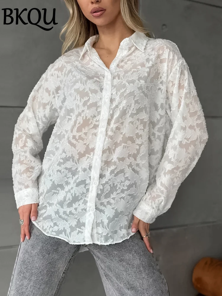 BKQU Mesh Patchwork Jacquard Shirts Women Office Long Sleeve Blouse 2024 Summer Autumn Sexy Single-breasted Loose Tees Shirt