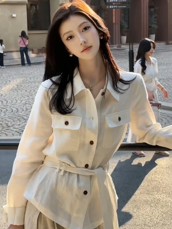 

Loose Fit Collar Long Sleeve Shirt Women's Belted Mid-Length Casual Style Spring New Fashion Waist-Cinching Top