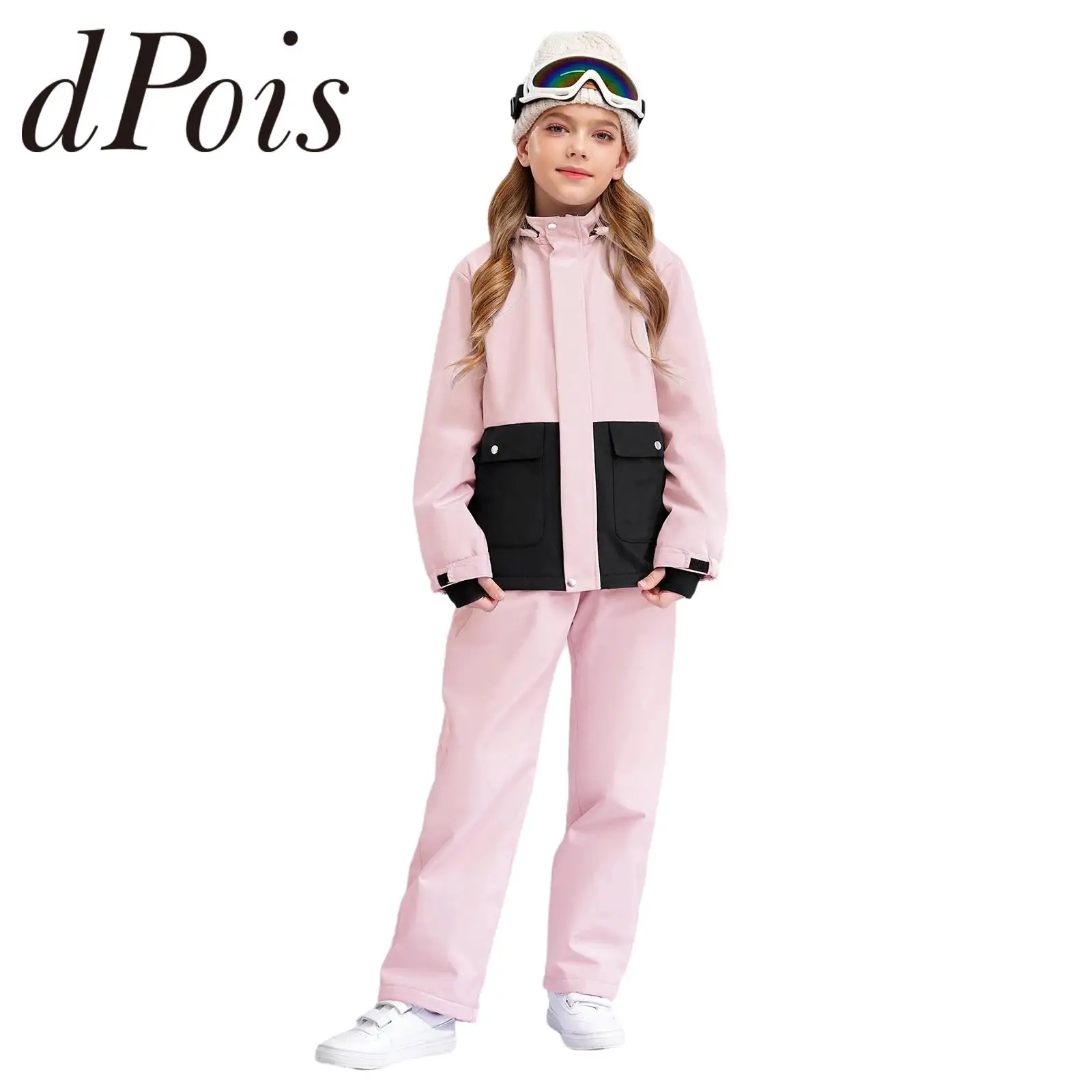 Kids Girls Skiing Suit Long Sleeve Sportwear Sets Ski Jacket Hooded Coat with Pants for Outdoor Snow Sports Snowboarding Outfits