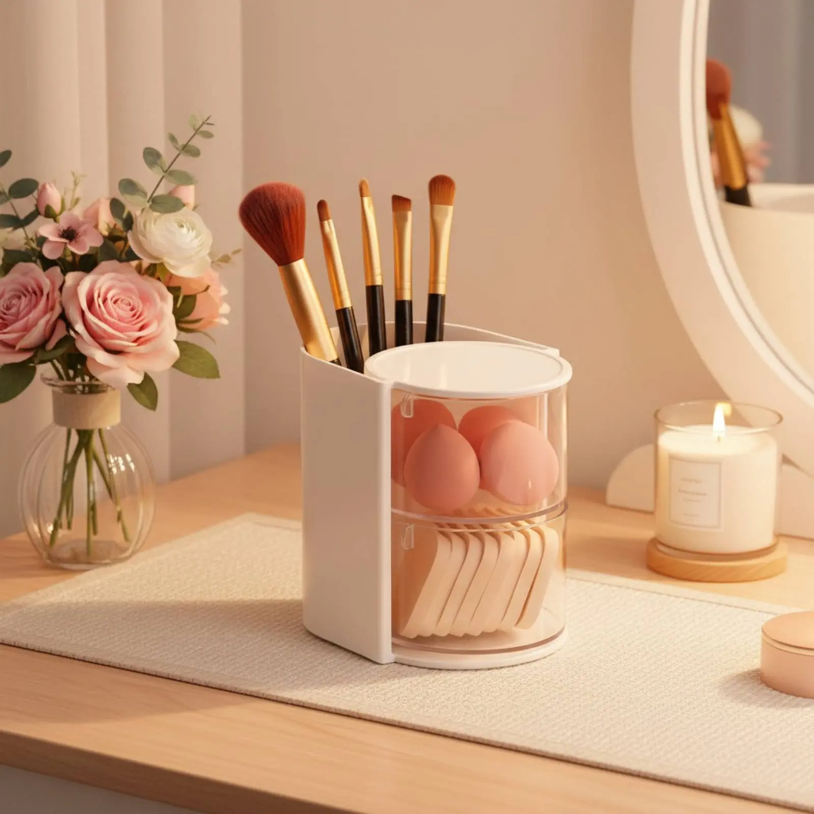 Dustproof Makeup Sponge Organizer High Capacity Rotating Makeup Sponge Holder Vanity Makeup Tool Container for Dressing Table