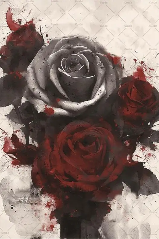 Cusde Vintage Rose Metal Tin Sign Retro Black And White Red Rose Flower Ink Painting Poster Rose Wall Decor Floral Artwork  sign