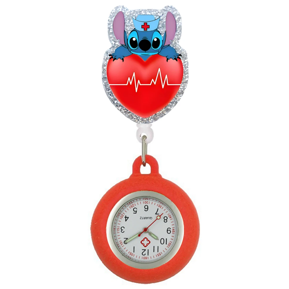 MINISO Cartoon Love Heart Lovely Stitch Nurse Doctor Hospital Medical Workers Clip Badge Reel Hang FOB Pocket Watches Clock Gift