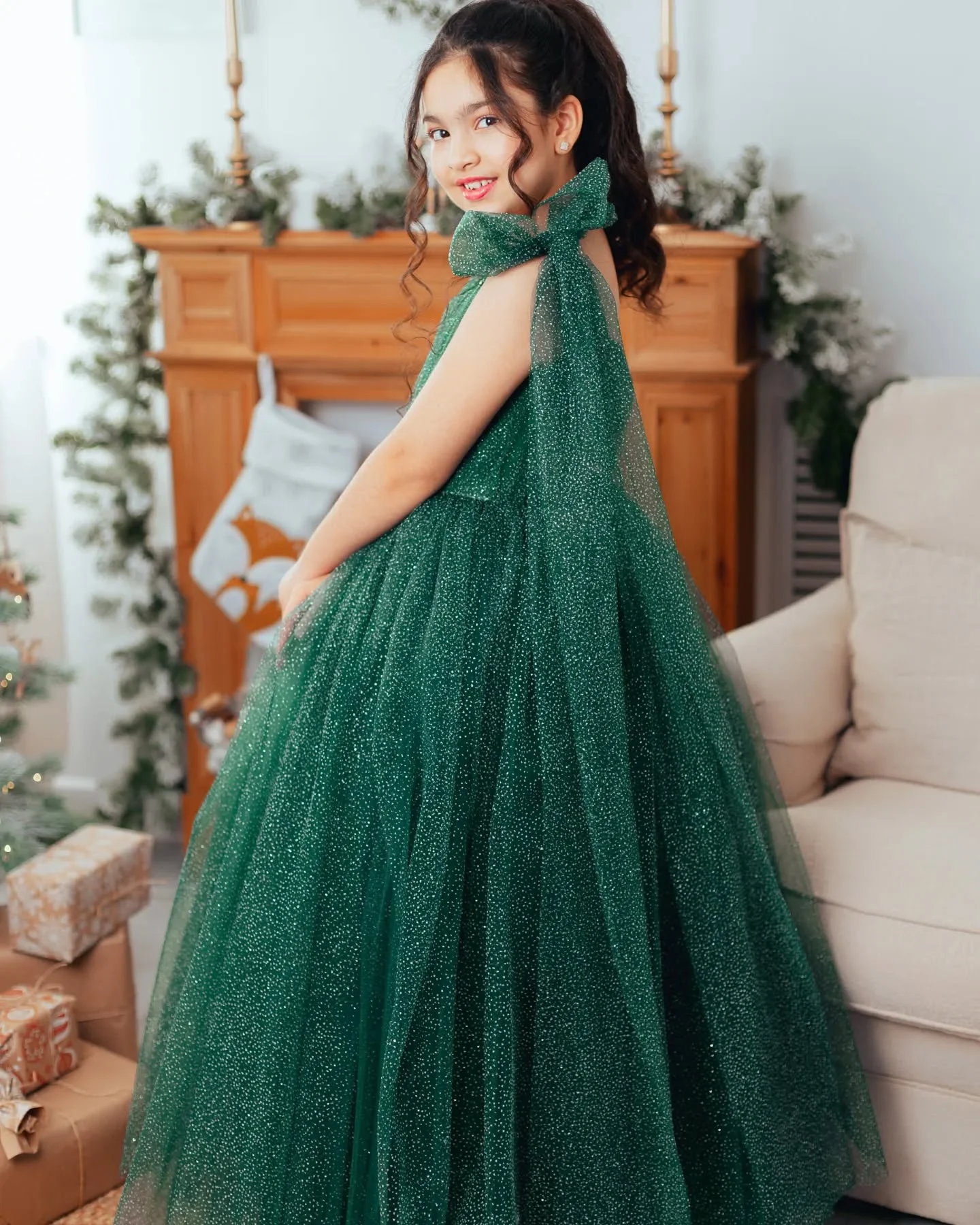 Green Prom Dress for Kids Tulle Flower Girl Dress for Wedding Sparkly Girls Pageant Dress Spaghetti Strap Birthday Party Dresses