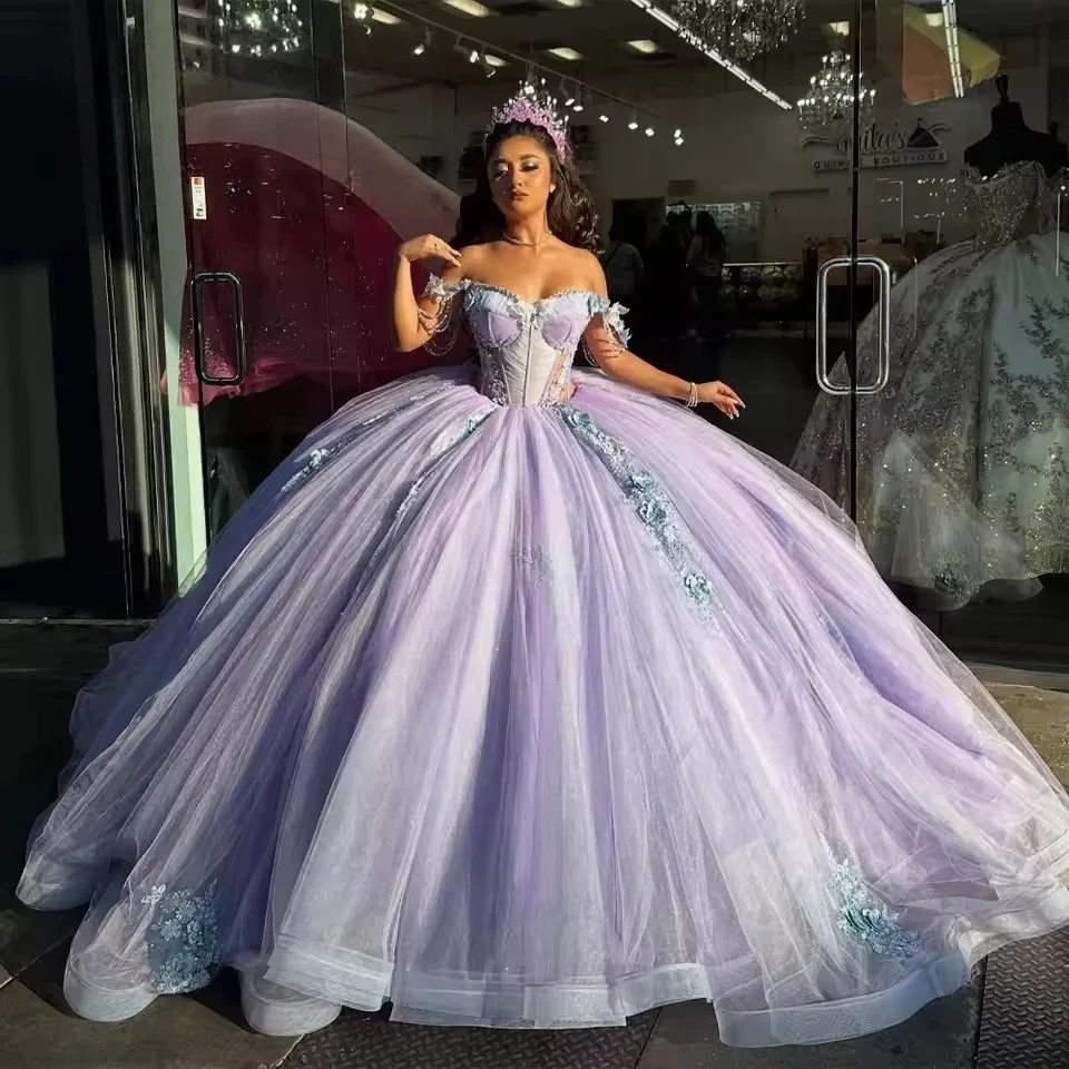 

Привлекательные сиреневые платья Quinceanera для девочек с аппликациями и открытыми плечами из тюля 15, платье Anos, большие размеры по индивидуальному заказу