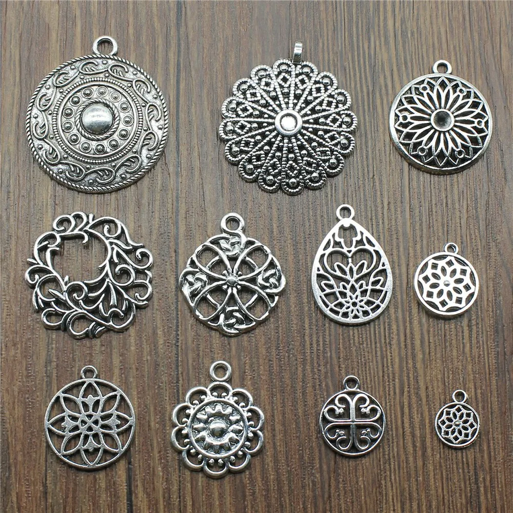 10pcs Charms Motif Antique Silver Color Motif Pendant Charms Flower Charms For Jewelry Making