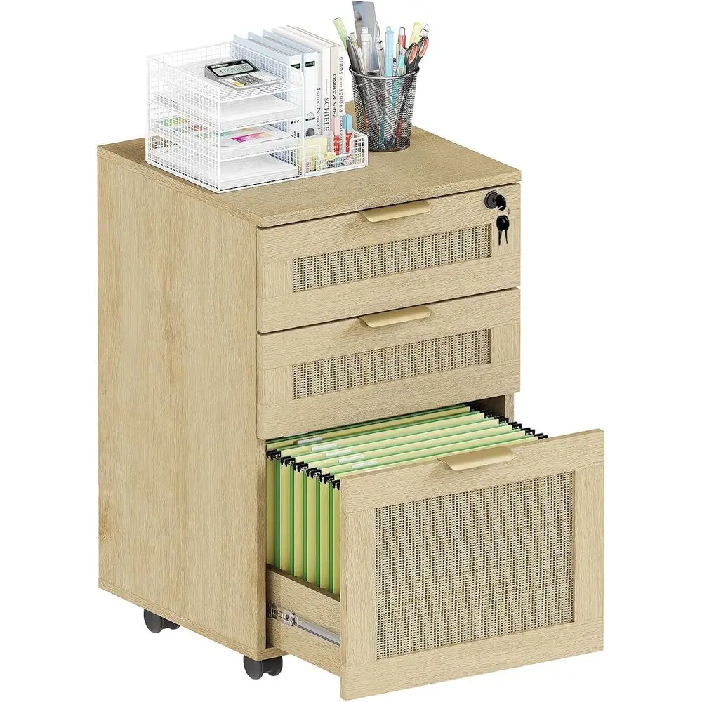 

Natural Wood Storage Cabinet with Lock, Rattan Cart on Wheels, Compact A4/Letter/Legal File Cabinet, Rolling Wooden File Cabinet