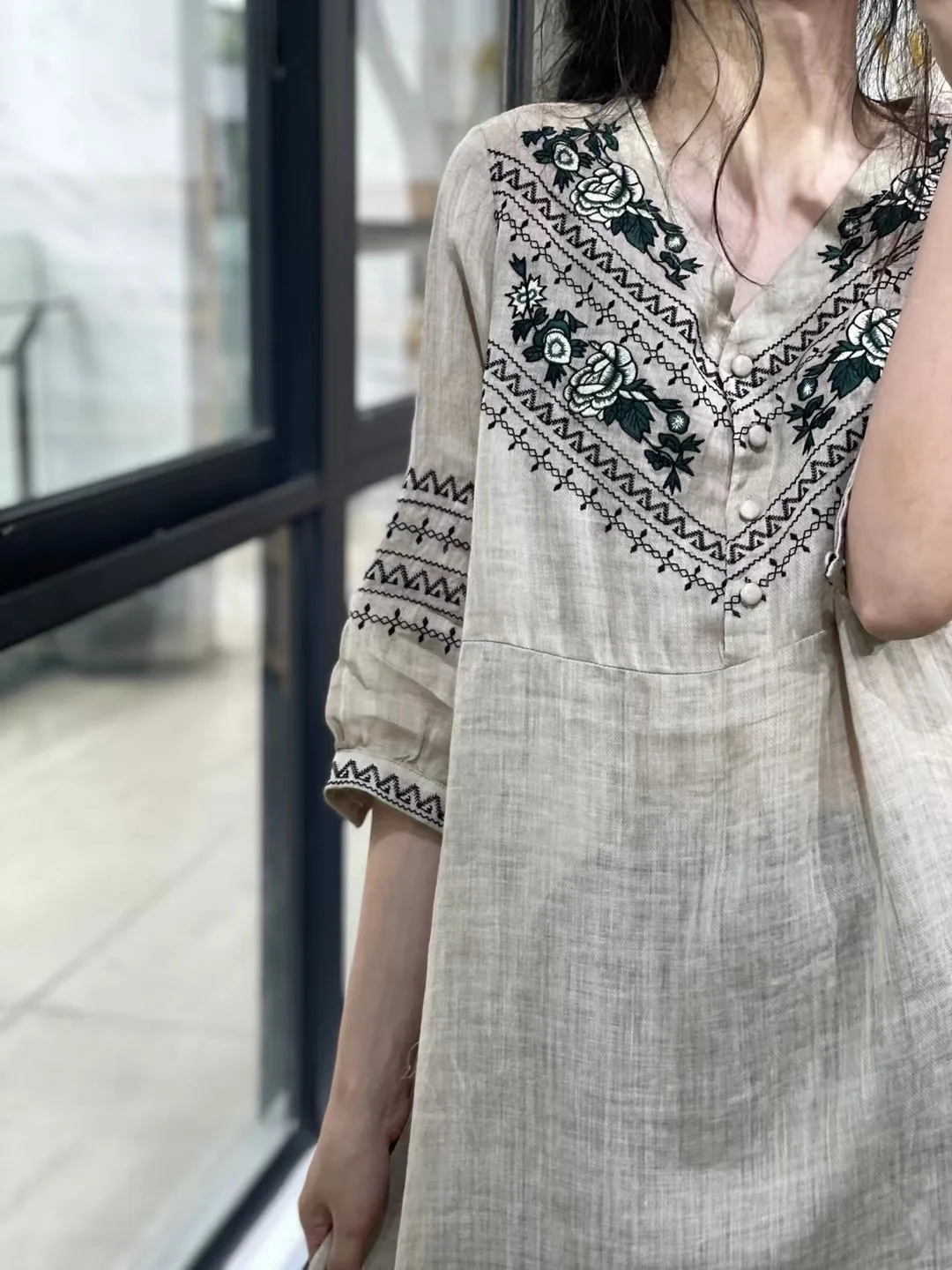 Artistic Vintage Ethnic Embroidered Loose V-Ne Linen Dr Women's Mid-Length A-Line Skirt Sle Commute Faion Dr