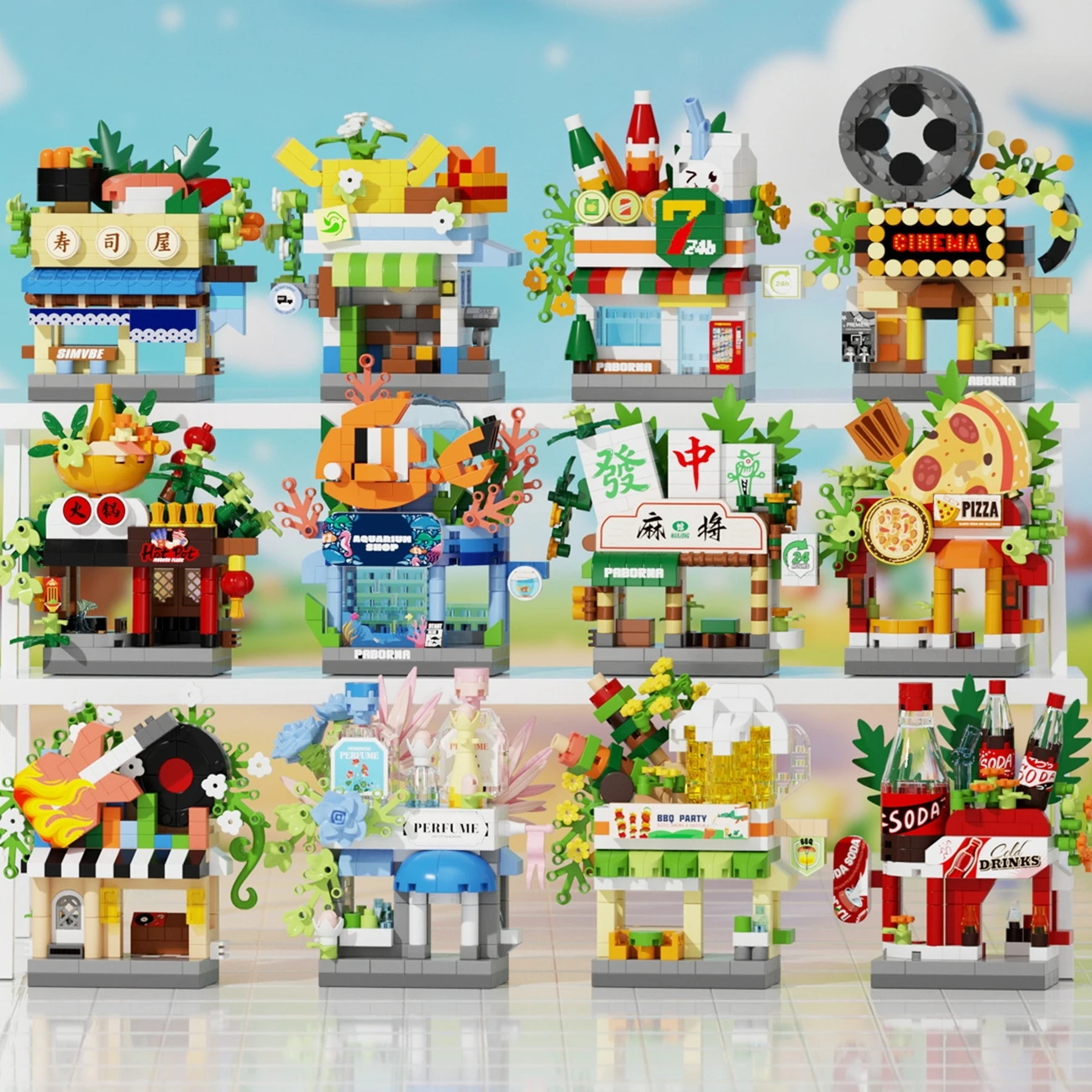 Grappige bibliotheek Snoepwinkel Dierenwinkel Brood Straatzicht Koffieshop Stad Miniatuur Kleine bouwstenen Ornamenten Winkel DIY Speelgoed