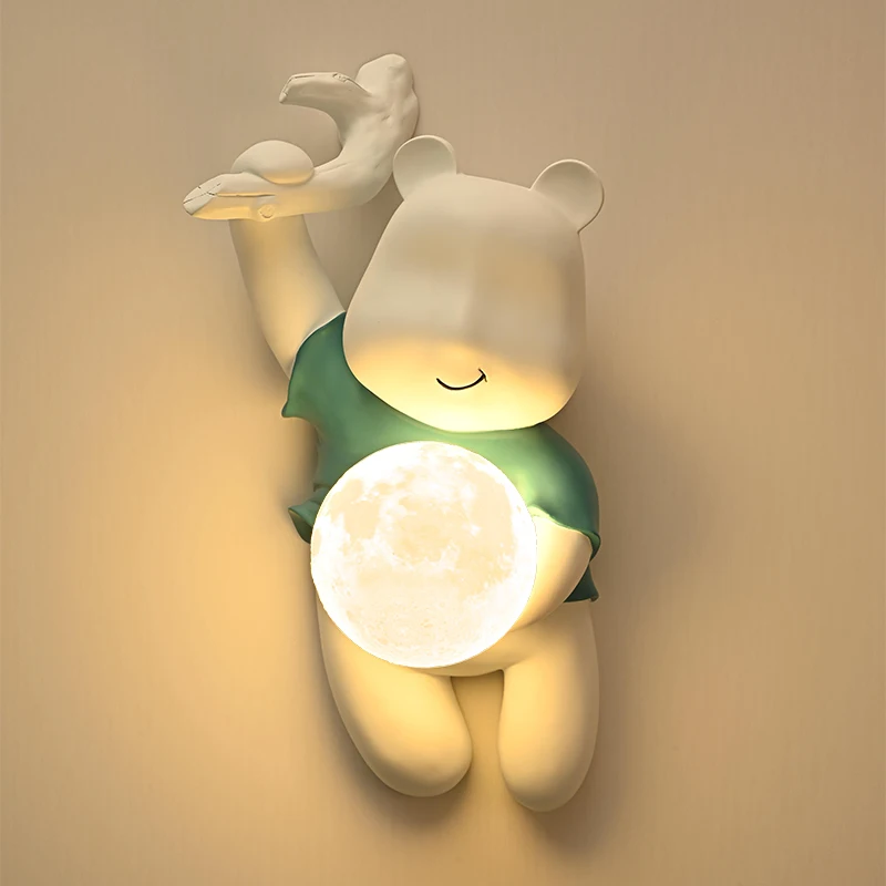 Cute Romantic Little Bear Moon Wall Light Modern Boys Girls Room Decoration Bedroom Study LED Wall Lights Resin Bear Cartoon