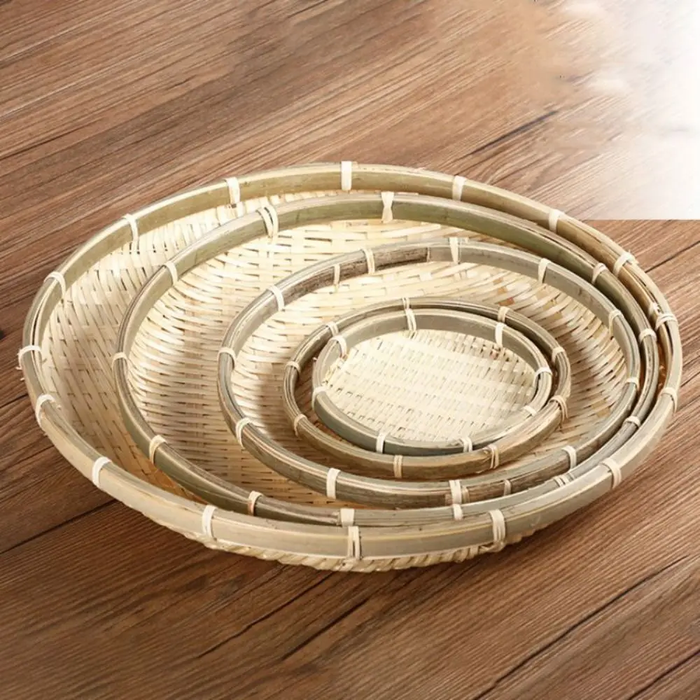 CANBOUNHandmade Woven Woven Bamboo Tray Bamboo Round Bamboo Woven Basket Decorative Serving Tray Living Room