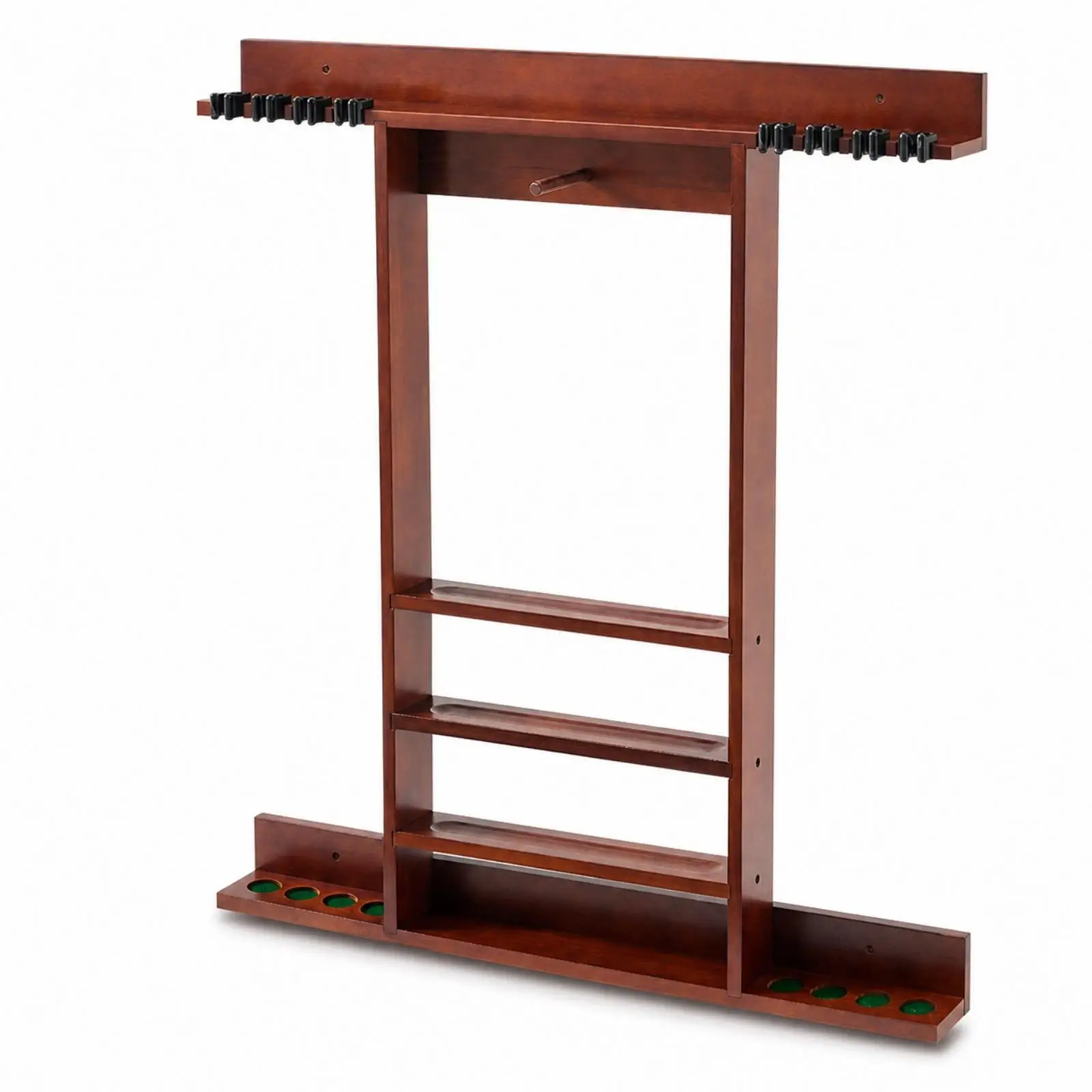 Billiard Cue Rack with Accessory Storage Solid Wooden Wall Mounted Pool Sticks Holder Space-Saving for Game Room, Home Bar