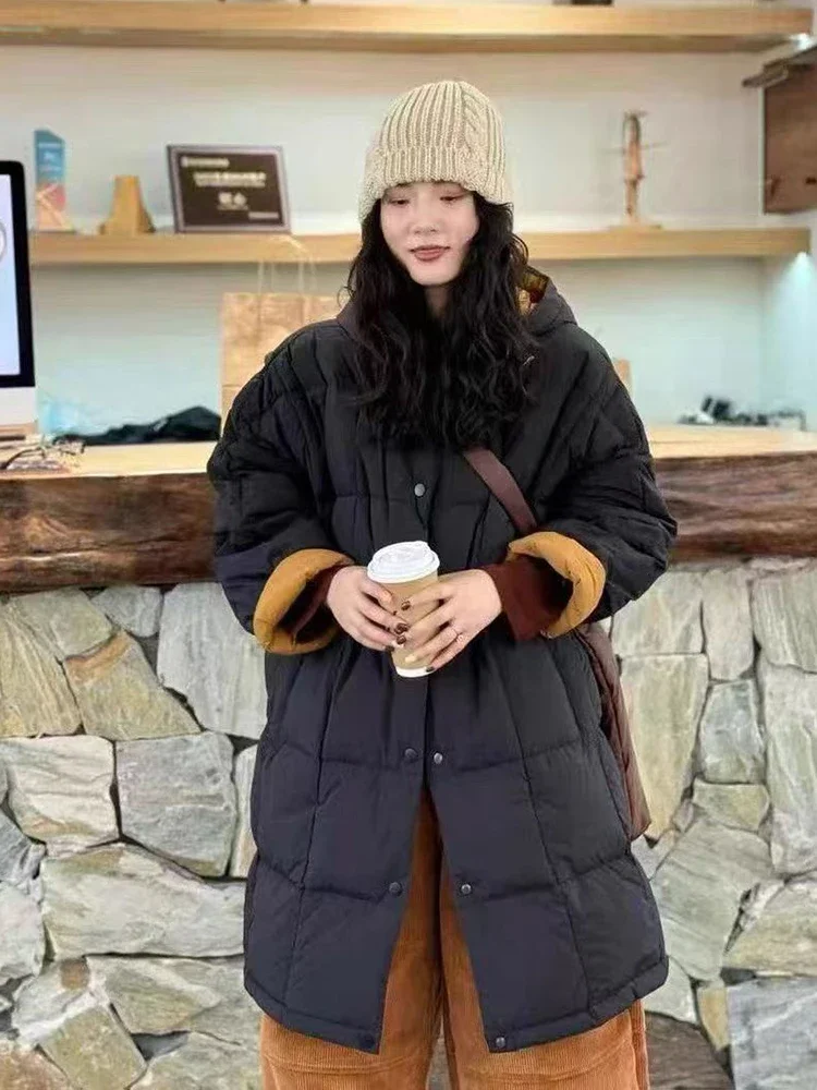 Halflange donsjas met capuchon Winter Vrouwelijke dikke warme patchworkjassen Dames Witte eendendons Parker Outwears met enkele rij knopen