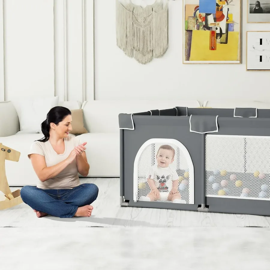 Box per bambini con tappetino Grande parco per i più piccoli Cortile da gioco per interni ed esterni Robusto parco di sicurezza con morbida rete traspirante Grigio