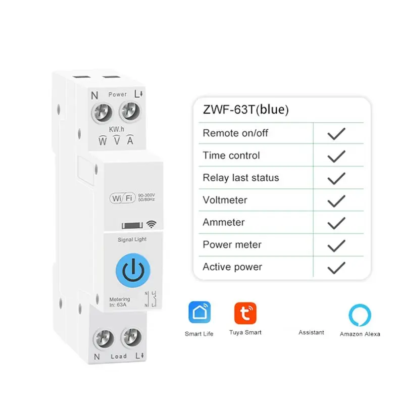 ABKQ-Remote Control Switch WIFI Smart Circuit Breaker 1P+ N Over-Voltage/Current Protector Under Voltage Protection 63T Blue