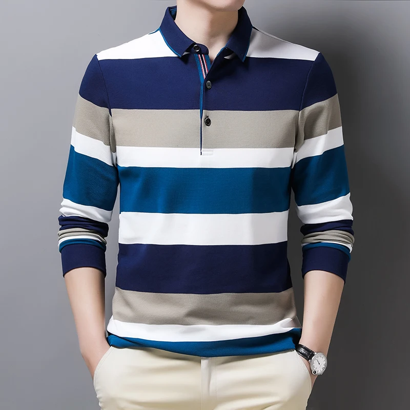 

Brand New high quality 100%cotton polo shirt Autumn fashion Stripes classic casual top long sleeve men's slim Men's clothing