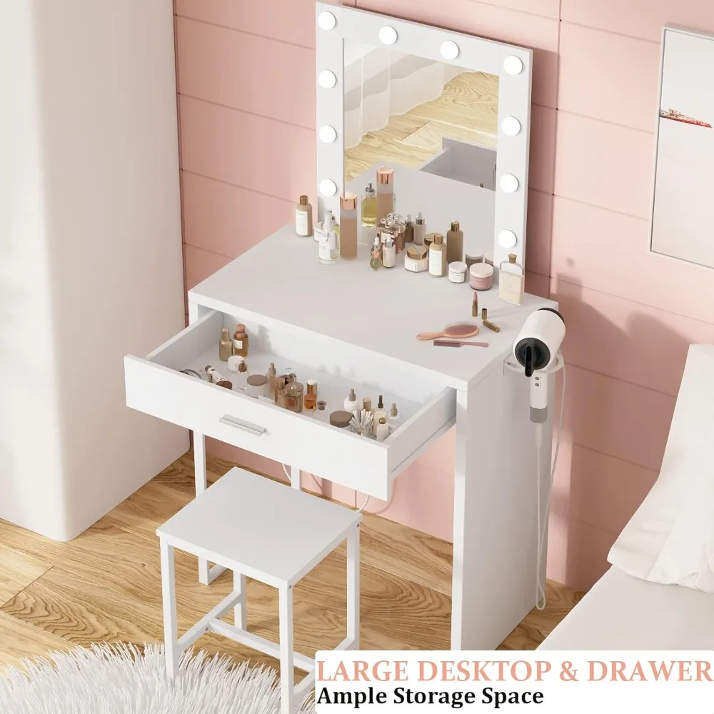 Makeup dresser with mirror and lamp, white dresser table and chair set, brightness adjustable, little vanity girl's bedroom