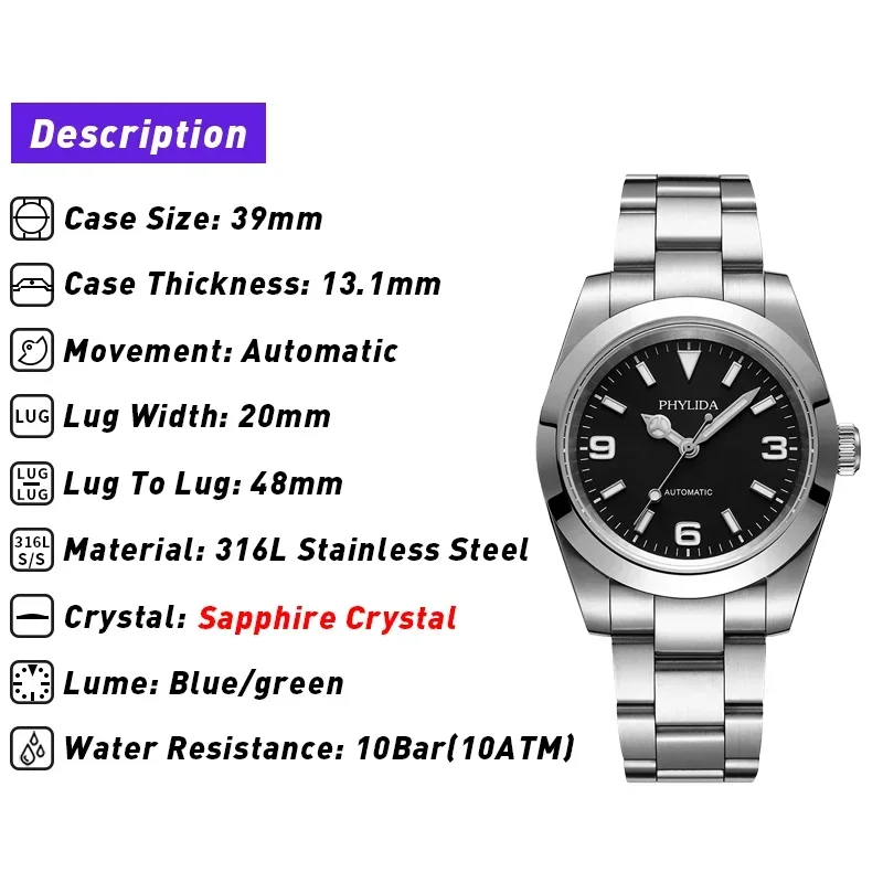 Imagem -04 - Phylida 39 mm Relógio Mecânico Automático de Luxo Explorar Mostrador Preto 100m Pulseira Escovada Resistente à Água