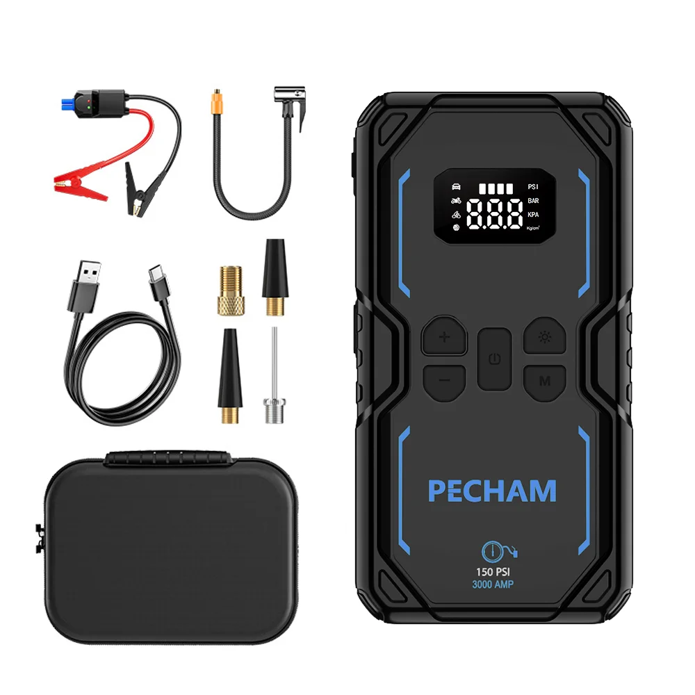 

5-in-1 Feature Vehicle Emergency Starting Power Supply Wireless Automatic Jump Starter and Air Compressor Car Tire Inflators