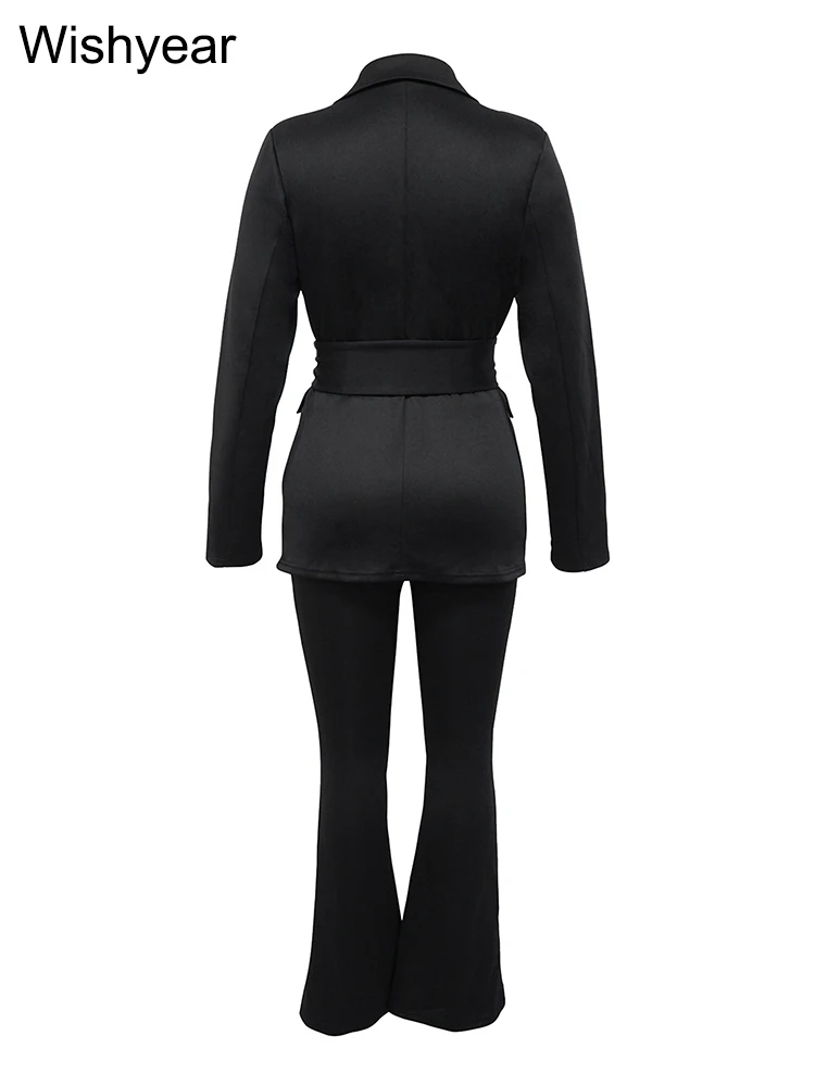 Wishyear Office Lady Casual Black Long Sleeve Lapel Lace Up Blazer Top and Loose Straight Pants Two Piece Set Women Streetwear