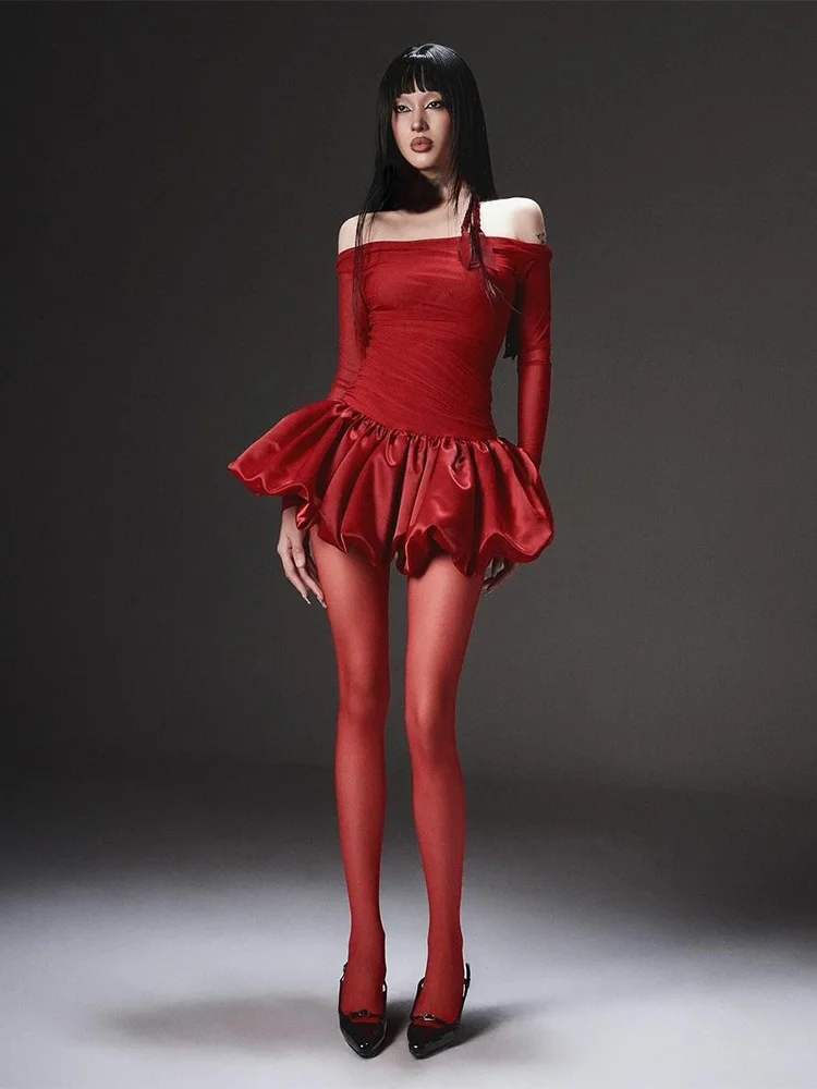 

Сладкая и пряная красная плиссированная женская юбка на одно плечо для похудения с высокой талией и цветочным бутоном, длинная юбка-трапеция длиной...