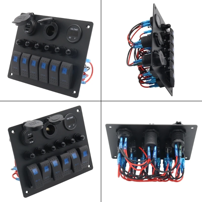 6 Gang Switches Panel with Digital Display & USB Port Waterproof 6 Buttons Switches Panel Great for Boats & Drop shipping