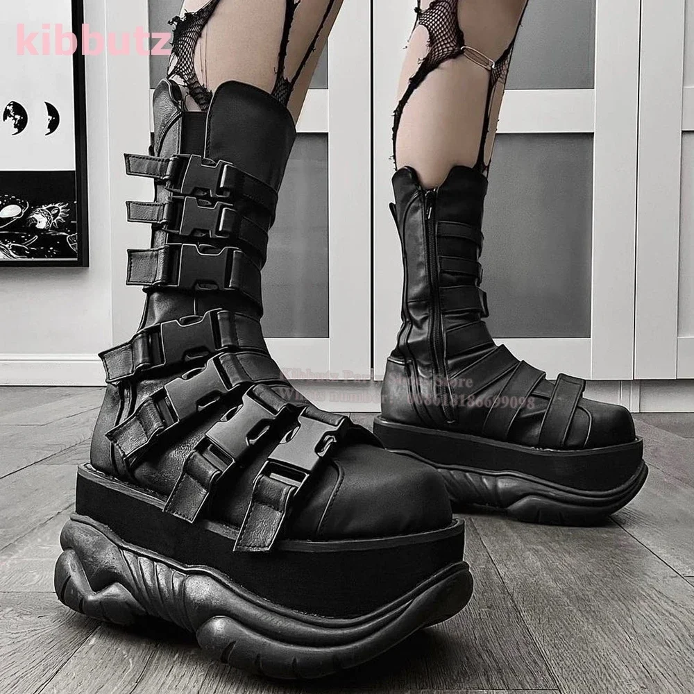 

Belt Buckle Ankle Boots Punk Millennium Y2k Novelty Leather Solid Black Side Zippers Thick Bottom Big Head Fashion Women Shoes