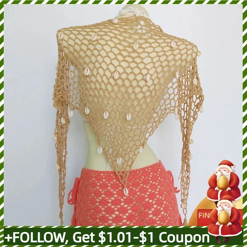 Women Triangle Shawl With Seashell Sexy Bikini Cover Up Sunscreen Nets Skirt Mesh Tunic Pareo Beachwear